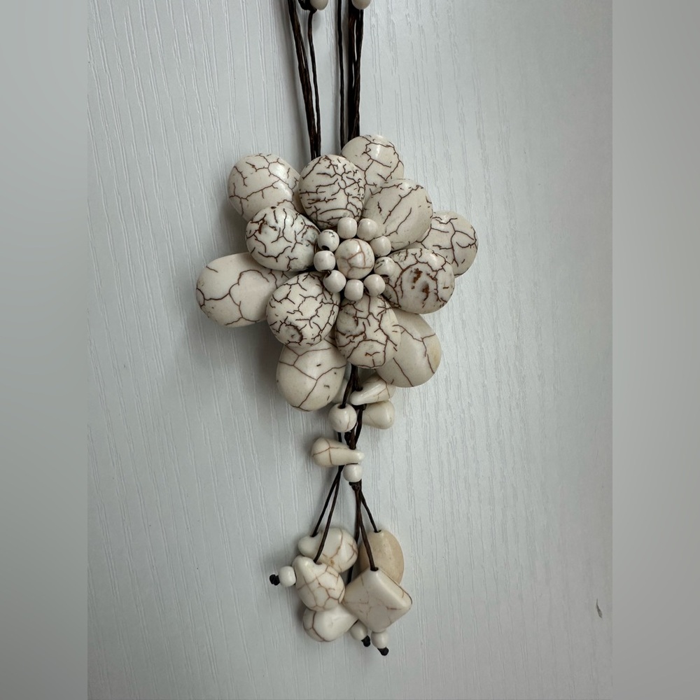 Boho Chic Handmade White Turquoise Flower w/ Jingle Bell Toggle Necklace